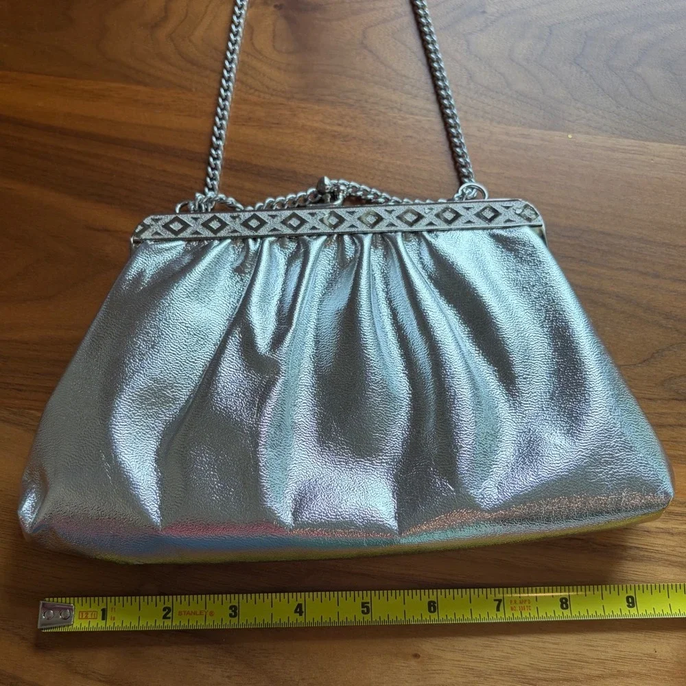 Clutch Bag Womens Small Silver Holographic Metallic Frame Evening Prom